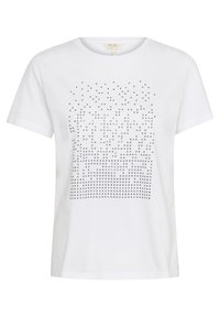 T-shirt bianca in cotone con un design a gradiente di piccoli punti argentati disposti in un pattern, colletto rotondo e maniche corte.