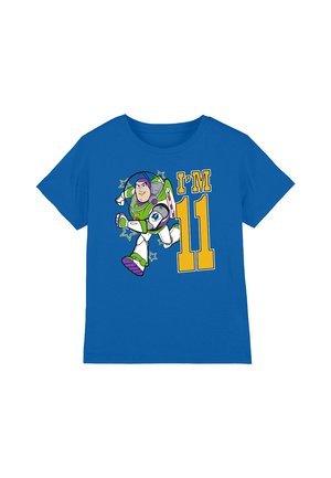 Blue cotton t-shirt featuring a cartoon astronaut character, with graphic text "I'M 11" in yellow, surrounded by green and blue star accents.