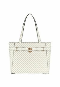 Borsa tote in materiale sintetico bianco con motivo beige, rifinitura nera e doppi manici. Presenta un logo in tonalità oro e un dettaglio con fibbia sul davanti.