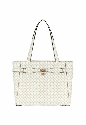 Borsa tote in materiale sintetico bianco con motivo beige, rifinitura nera e doppi manici. Presenta un logo in tonalità oro e un dettaglio con fibbia sul davanti.