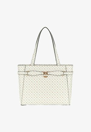 Borsa tote in materiale sintetico bianco con motivo beige, rifinitura nera e doppi manici. Presenta un logo in tonalità oro e un dettaglio con fibbia sul davanti.