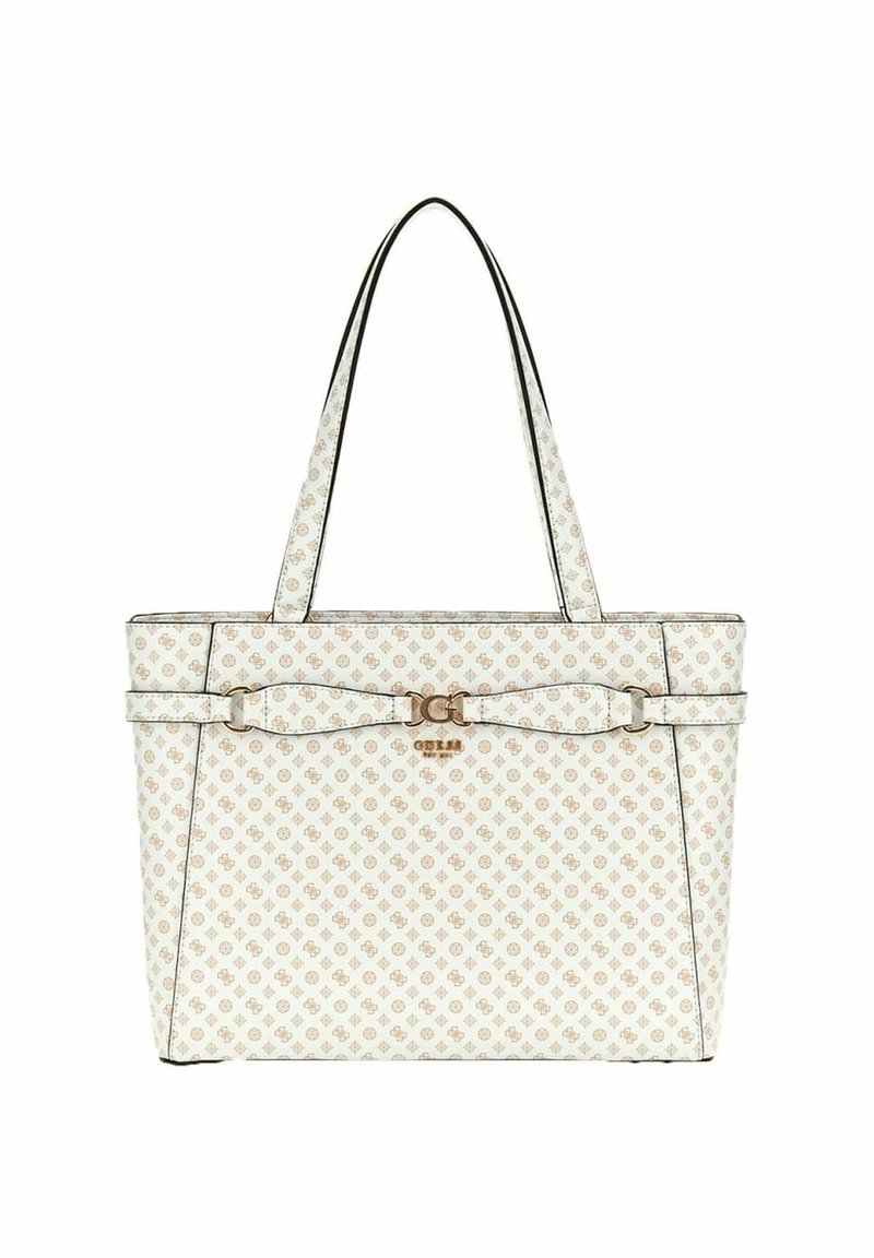 Borsa tote in materiale sintetico bianco con motivo beige, rifinitura nera e doppi manici. Presenta un logo in tonalità oro e un dettaglio con fibbia sul davanti.