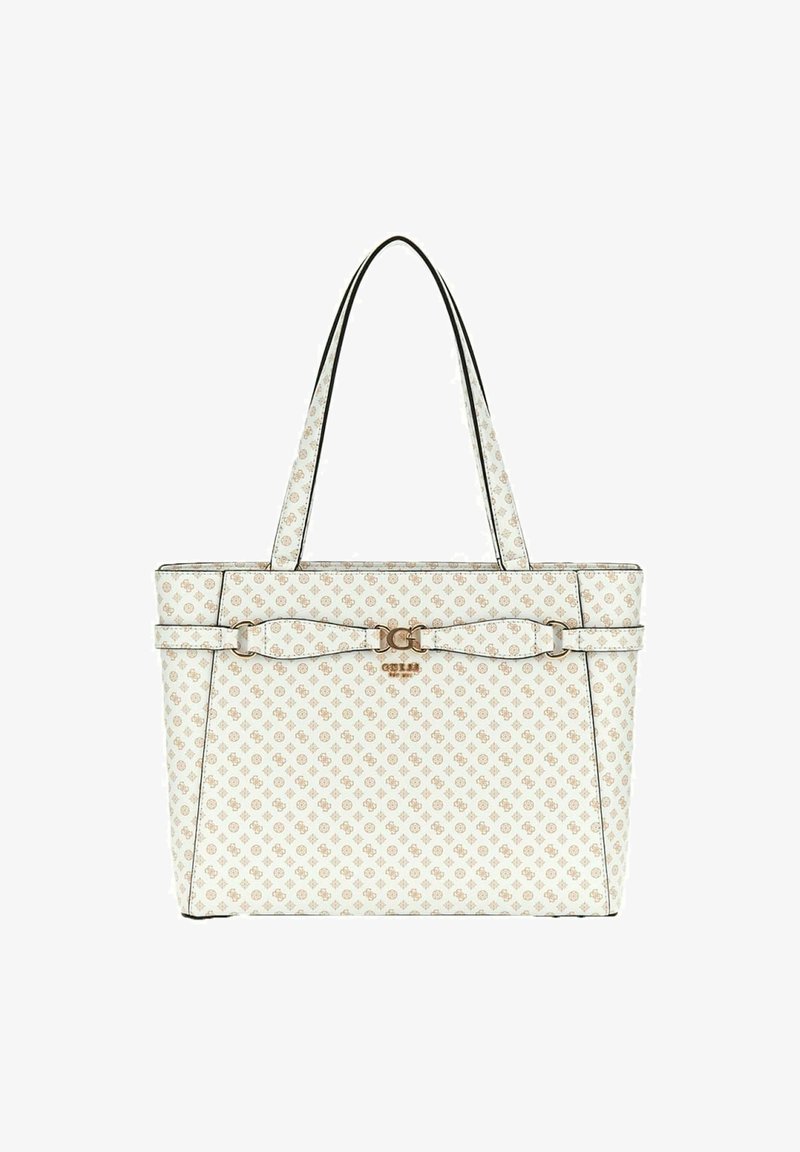 Borsa tote in materiale sintetico bianco con motivo beige, rifinitura nera e doppi manici. Presenta un logo in tonalità oro e un dettaglio con fibbia sul davanti.