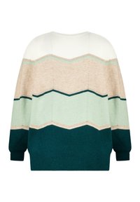 Pull en tricot couleur crème, beige, vert clair et vert foncé avec un motif en zigzag. Présente des épaules tombantes et un tissu texturé.