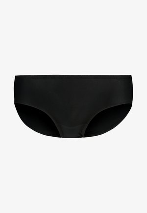 Čierne hipsterské spodné prádlo vyrobené z hladkého, elastického materiálu. Má nízky strih s zaoblenými okrajmi a bez viditeľných švov.