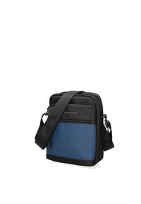 Borsa a tracolla in nylon nero e blu con cinturino regolabile, scompartimenti con zip e dettaglio del logo sulla parte anteriore. Design compatto e moderno.