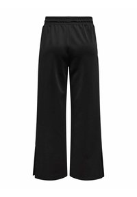 Pantaloni neri a gamba larga realizzati in tessuto morbido, con una vita elastica e spacco sui lati per facilitare i movimenti.