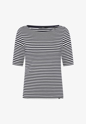 T-shirt à manches courtes rayé horizontal noir et blanc avec col bateau, taille 36, étiquette de marque "zero" visible à l'intérieur du col.