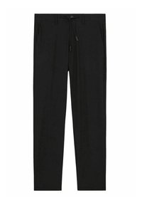 Zwarte broek van een gladde stof met een trekkoord in de taille, zijzakken en een ontspannen pasvorm. Eenvoudig ontwerp zonder zichtbare patronen.