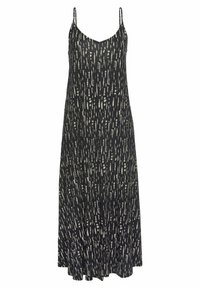 Robe noire sans manches avec un col en V, ornée d'un motif abstrait blanc sur toute sa surface. Design fluide, confectionnée en tissu léger.