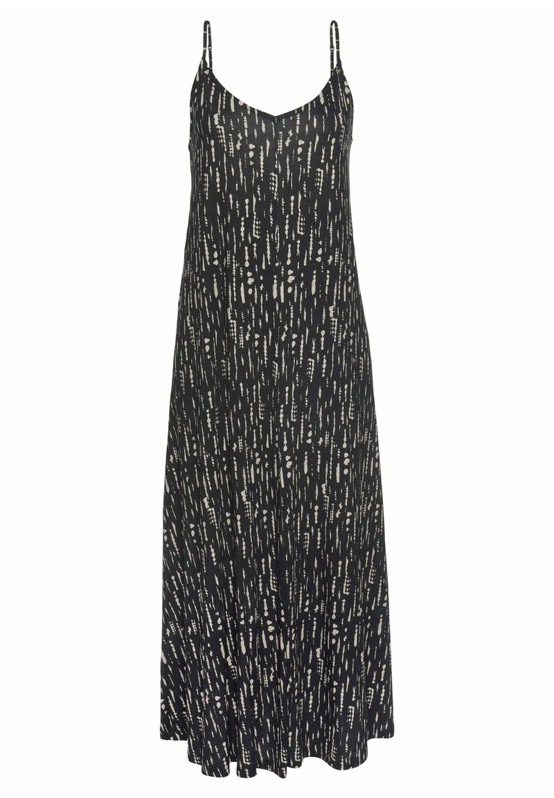 Robe noire sans manches avec un col en V, ornée d'un motif abstrait blanc sur toute sa surface. Design fluide, confectionnée en tissu léger.