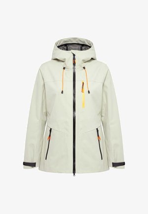 Lichtgrijze gewatteerde jas met capuchon, zwarte ritssluiting aan de voorkant, drie zakken met ritssluiting en oranje trekkoorden aan de capuchon.