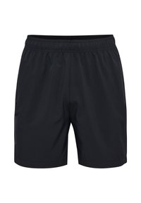 Svarta atletiska shorts i lättviktsmaterial, med elastisk midja, sidofickor och en slät yta utan synliga mönster.