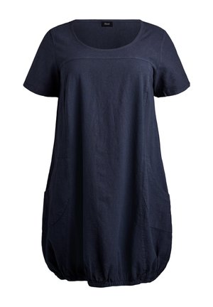 Navyblauwe korte mouw vrijetijdsjurk met ronde hals, grote zijzakken en elastische zoom.
