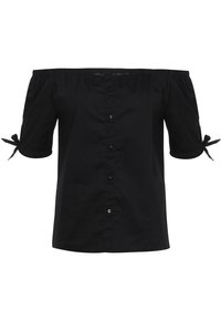Camicia nera off-the-shoulder con maniche a palloncino corte, caratterizzata da una chiusura a bottoni sul davanti e dettagli a fiocco sui bordi delle maniche. Tessuto di cotone.