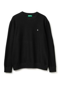 Maglione nero a girocollo con polsini e fondo a coste, piccolo logo ricamato bianco sul lato sinistro del petto e etichetta verde all'interno del colletto.