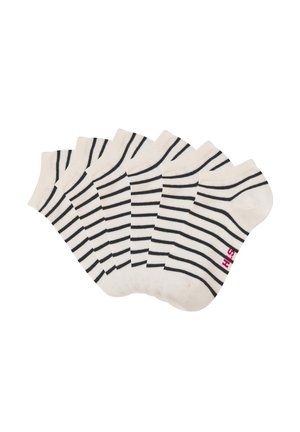 Set aus sechs Paar Knöchelsocken in cremefarbener Farbe mit schwarzen horizontale Streifen, die auf einer Socke ein pinkes Logo tragen. Aus weichem, elastischem Material.