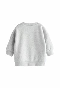 Grijze sweatshirt met een boxy ontwerp, verlaagde schouders, ribgebreide boorden en tailleband. Zacht stoftextuur zonder zichtbare patronen of accenten.