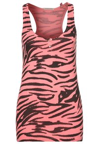 Débardeur ajusté en coton rose vif, arborant un motif à rayures zèbres noires. Comprend un col montant et un détail à trois boutons à l'avant.
