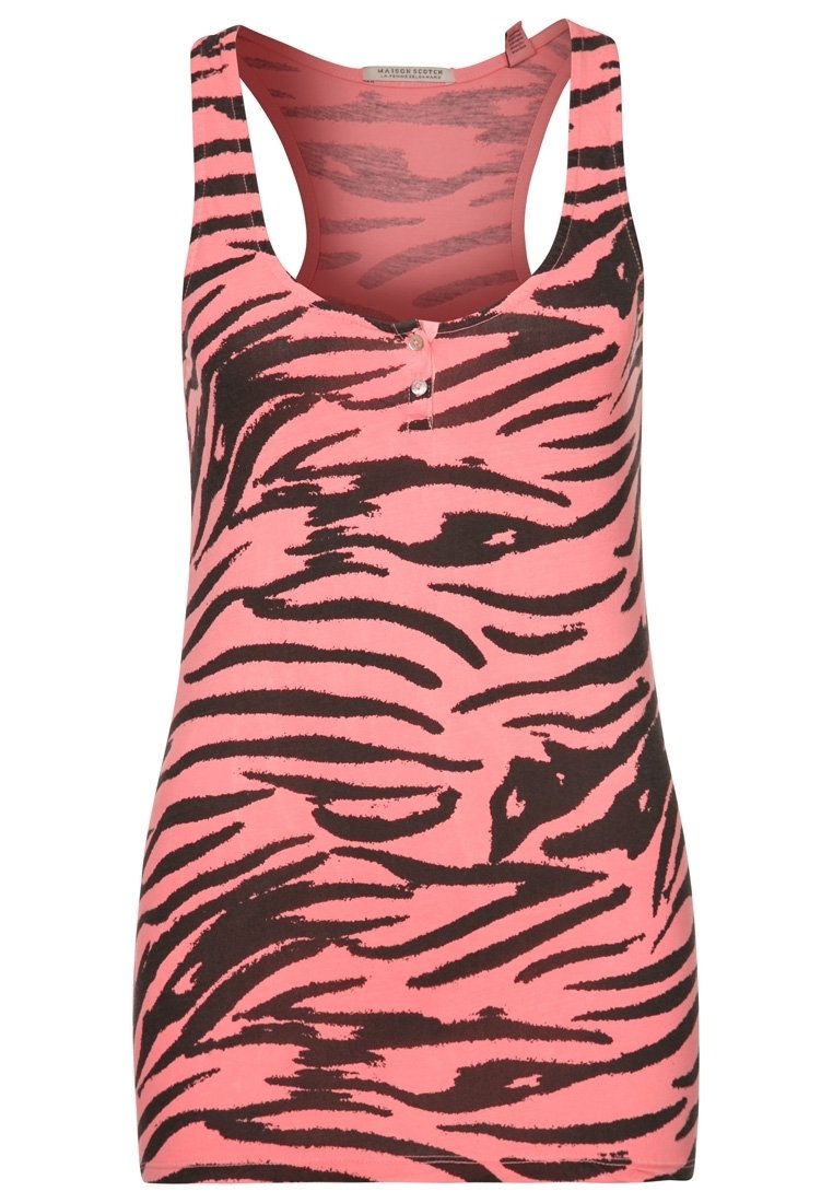 Débardeur ajusté en coton rose vif, arborant un motif à rayures zèbres noires. Comprend un col montant et un détail à trois boutons à l'avant.