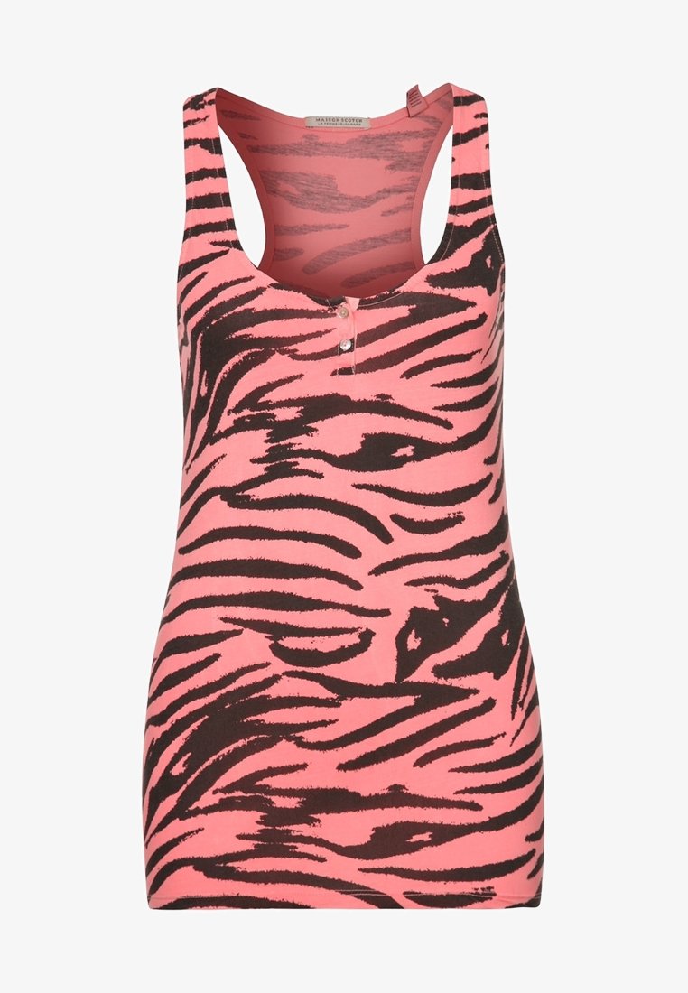 Débardeur ajusté en coton rose vif, arborant un motif à rayures zèbres noires. Comprend un col montant et un détail à trois boutons à l'avant.