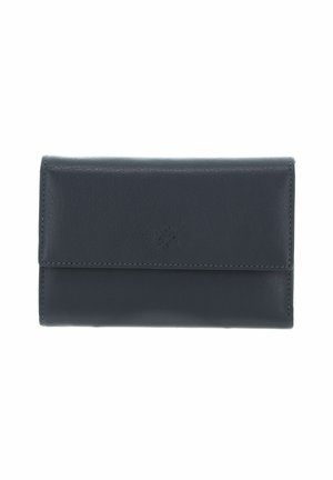 Portefeuille en cuir bleu marine à texture lisse, design pliable avec logo embossé sur le devant. Présente des coutures ton sur ton et aucun élément métallique visible.