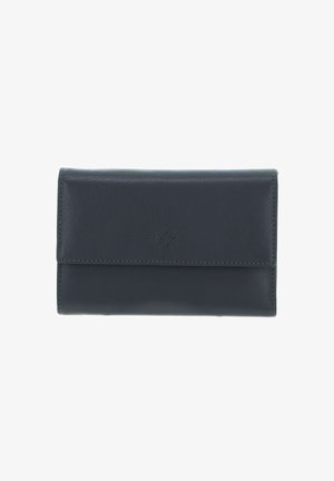 Portefeuille en cuir bleu marine à texture lisse, design pliable avec logo embossé sur le devant. Présente des coutures ton sur ton et aucun élément métallique visible.