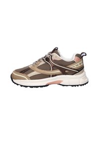 Bruine en beige mesh sneakers met roze accenten, rubberen zool, textuur overlays en een gewatteerde kraag. Heeft een vetersluiting en een lus tab.