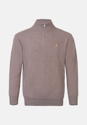 Grauer Pullover mit Reißverschluss aus weichem Strickstoff; er hat lange Ärmel, gerippte Bündchen und ein kleines gelbes Logo auf der Brust.