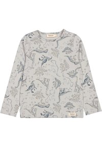 Langermet skjorte i lysegrått stoff med dinosaurtrykk i forskjellige nyanser av blå og beige, med rund hals og ribbet tekstur.