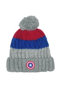 Czapka na drutach z pomponem na górze, w czerwone, niebieskie i szare paski. Zawiera okrągłe logo z gwiazdą na szarej opasce.