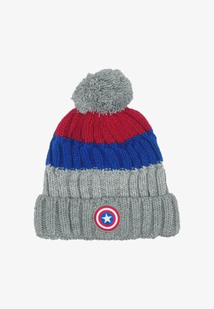 Gorro de punto con pom-pón en la parte superior, en franjas rojas, azules y grises. Incluye un logo circular con una estrella en la banda gris.
