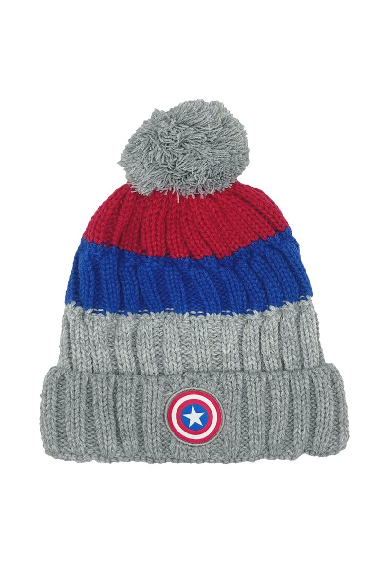 Czapka na drutach z pomponem na górze, w czerwone, niebieskie i szare paski. Zawiera okrągłe logo z gwiazdą na szarej opasce.