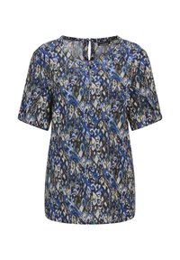 Kurzärmlige Bluse im blauen, grünen und schwarzen abstrakten Muster. Mit Rundhalsausschnitt und einem Schlitz im Rücken. Leichtes Material.