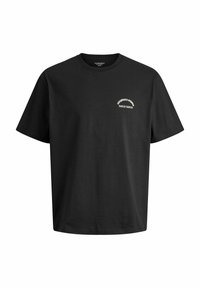 Sort bomulds T-shirt med rund hals og korte ærmer, der har et hvidt broderet logo på venstre brystområde.