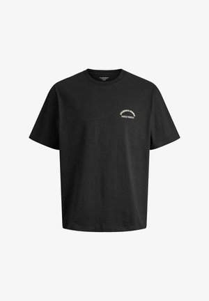 T-shirt in cotone nero con collo rotondo e maniche corte, caratterizzato da un logo ricamato bianco sulla zona sinistra del petto.