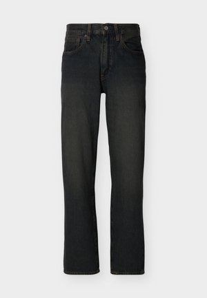 Jeans in denim nero a gamba dritta con design a cinque tasche e chiusura con bottone e cerniera.