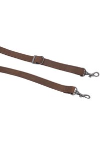 Cinturino in pelle marrone con una texture liscia, dotato di clip metalliche su ciascun estremo e una fibbia metallica regolabile sul lato.