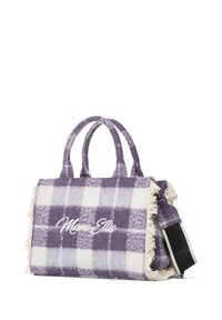 Lila-weiß karierte Handtasche mit weichem, strukturiertem Finish, ausgefransten Kanten und zwei Henkeln; mit dem "Marc Ellis"-Logo in Weiß.