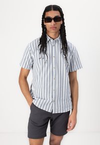 Short-sleeve, button-up shirt in light blue and white vertical stripes, with a casual fit and a rounded hem. Worn with dark shorts.