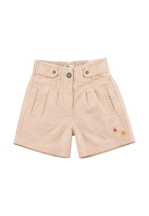 Shorts beige pour tout-petit avec poches avant, fermeture par bouton et pression, taille élastique à l'arrière, et petite broderie florale sur la jambe droite.