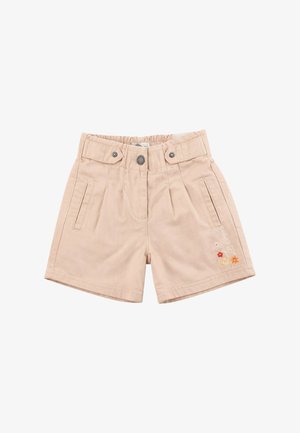Shorts beige pour tout-petit avec poches avant, fermeture par bouton et pression, taille élastique à l'arrière, et petite broderie florale sur la jambe droite.