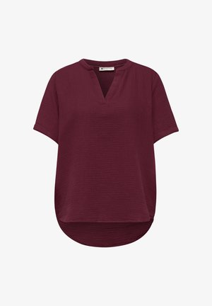 Bordeauxkleurige blouse met korte mouwen en textuur, voorzien van een V-vormige kraag en afgeronde zoom, geschikt voor casual of business casual kleding.