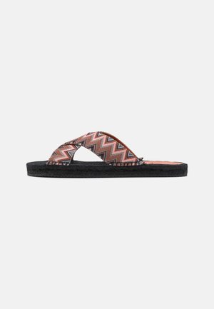 Black flip-flop sandal with a woven patterned strap featuring chevron designs in orange, pink, and brown. Textured sole for grip.