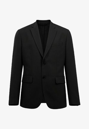 Blazer negro con un diseño estructurado, tela texturizada, dos bolsillos delanteros, cierre de un solo botón, solapas en pico y un bolsillo en el pecho.