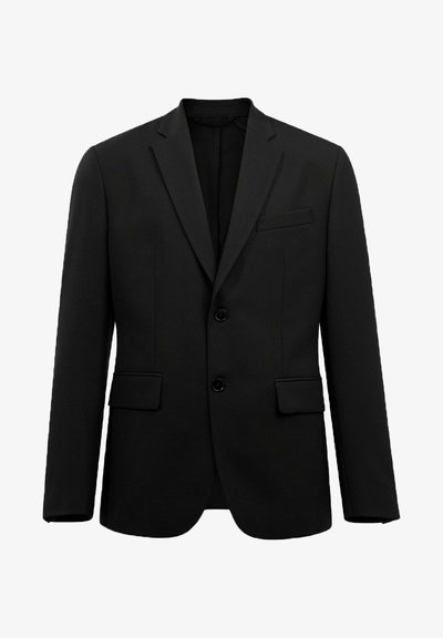 Schwarzes Blazer mit strukturiertem Design, texturiertem Stoff, zwei Vordertaschen, Einknopfverschluss, Reverskragen und einer Brusttasche.