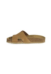 Sandale à glissière en suède marron avec une semelle en liège texturé, présentant un design de bande croisées et un profil bas et plat. Semelle intérieure texturée.