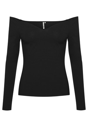 Haut noir à manches longues, décolleté épaules dénudées, silhouette ajustée et encolure subtile en forme de V.