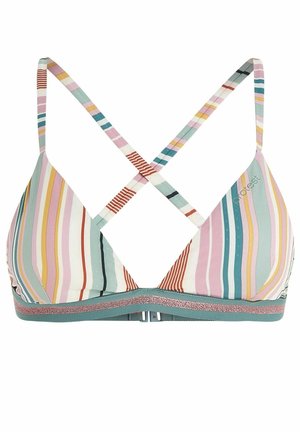 Top de bikini de rayas multicolores con copas triangulares, tirantes cruzados en la espalda y una banda turquesa adornada con un brillo decorativo.