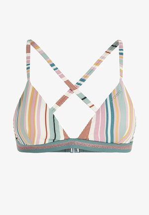 Daugiakampis bikini viršus su trikampiais puodeliais, kryžminėmis petnešomis ir turkio spalvos juosta, papuošta blizgia dekoratyvine apvadu.